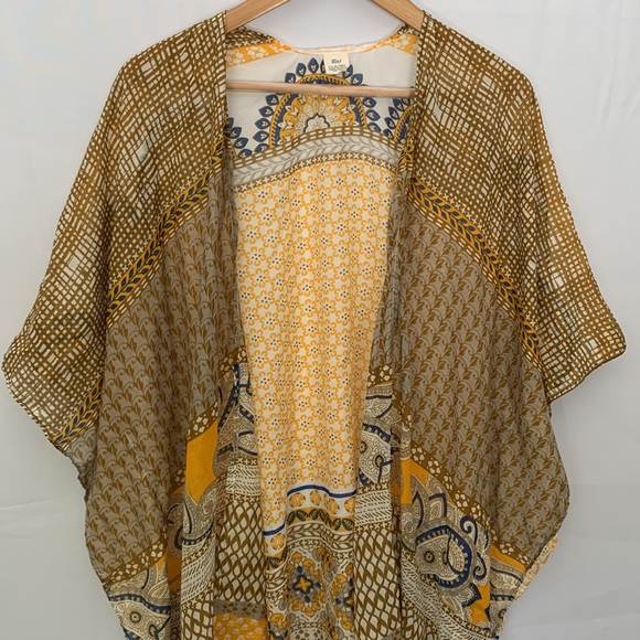 RAJ Boho Lightweight Cotton Kimono w/ Tassels Yellow Tan Beach Coverup - Picture 5 of 12